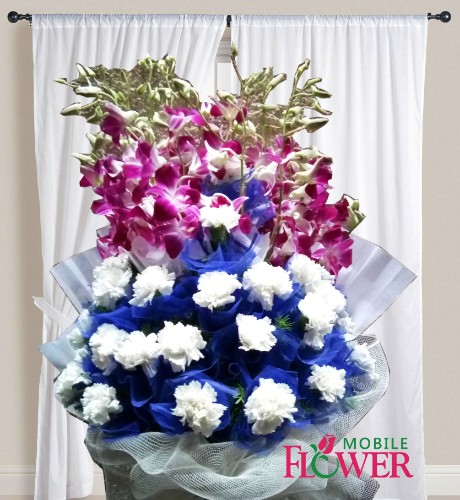 Orchid n white carnation net bunch  / mobile flower pune